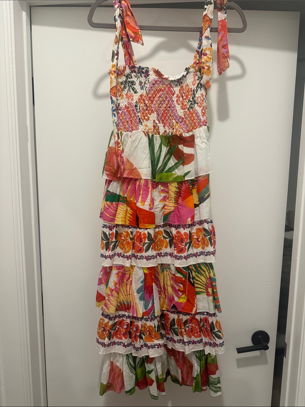 O'Neill Girls White Floral Tiered Sundress with Pink, Orange & Green